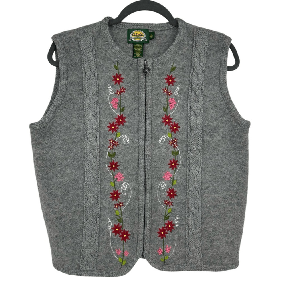 Cabelas Womens M Wool Vest Forest Fairy Cottage Embroidered Gray Floral Boho